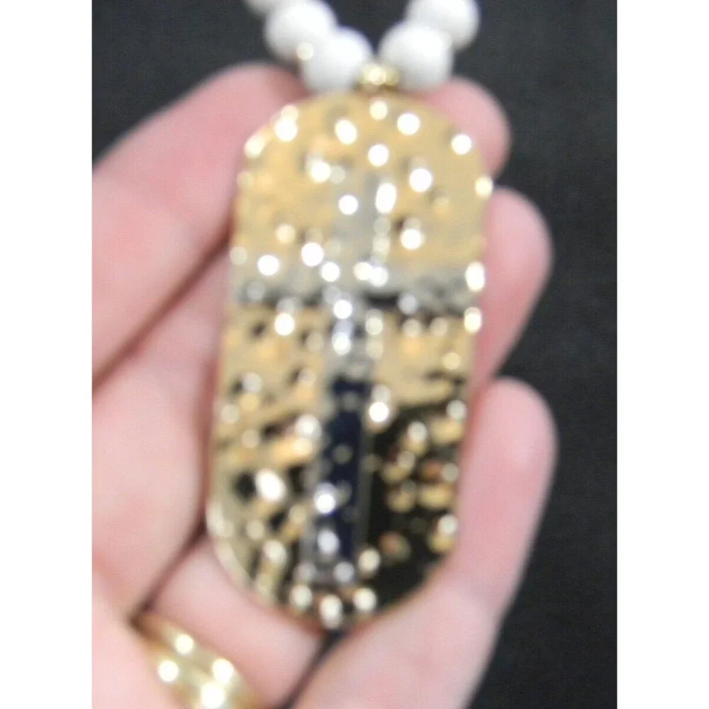 Cross Necklace Contemporary Gold/Silver with White Beads NEW